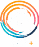 Logo OCR+ : une maison blanche entourée de cercles dynamiques orange, rose et bleu.
