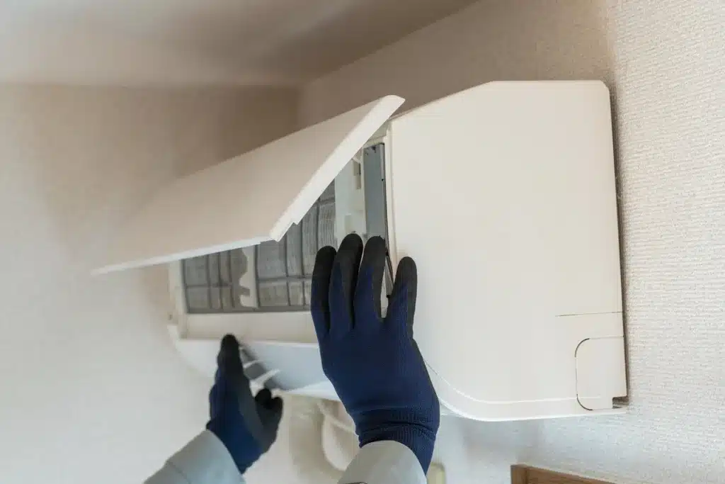 Maintenance Climatisation : Guide Complet pour l'Entretien Technicien avec gants de protection ouvrant un climatiseur mural pour l'entretien et le nettoyage des filtres.