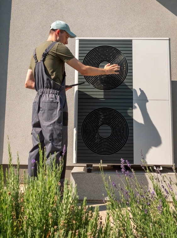 Entretien et maintenance d'une pompe à chaleur air-eau Technicien inspectant une pompe à chaleur air-eau moderne installée à l'extérieur d'une maison.